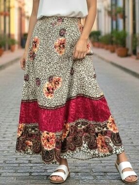 Leslie Fay multicoloured midi skirt elastic waistband Bohemian Floral Sz 12